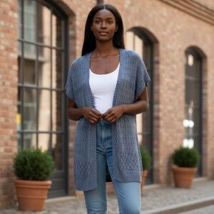 NY Collection Extended Shoulder Open Front Long Cardigan Sweater